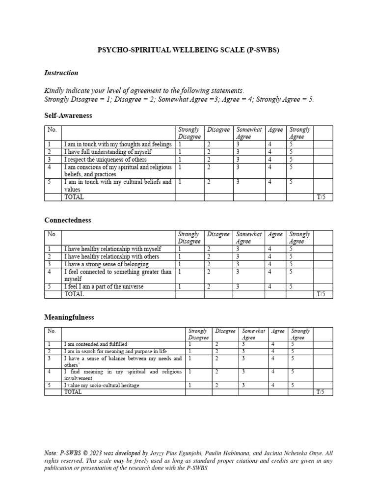 Psycho Spiritual Wellbeing Scale p Swbs | PDF | Behavioural Sciences ...