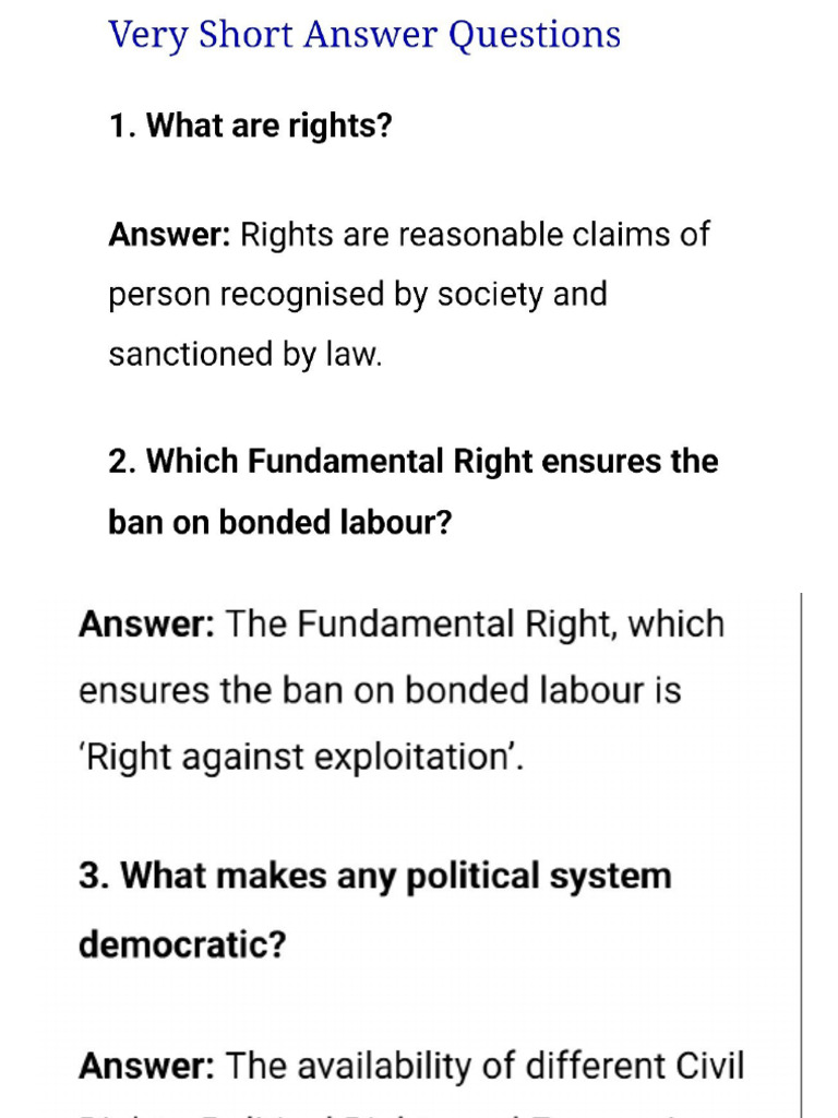 Democratic Rights (Civics Ch.5) Questions Answer | PDF