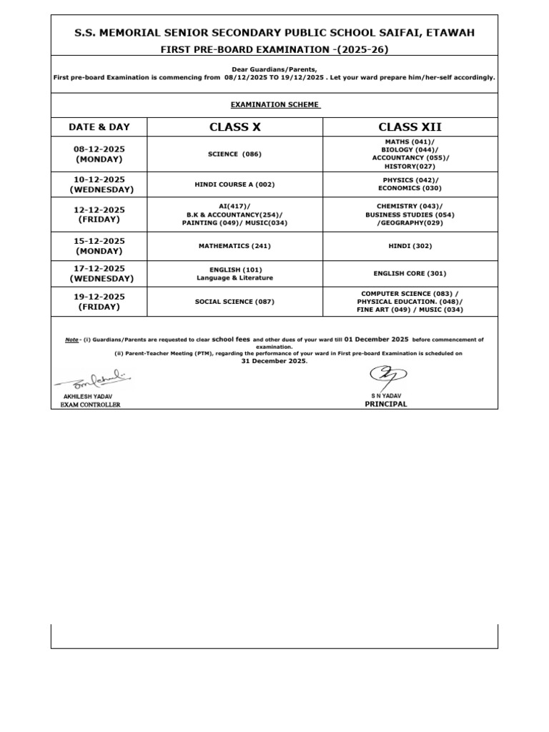 Class X & XII Pre-Board Exam Schedule | PDF | Science | Liberal Arts ...