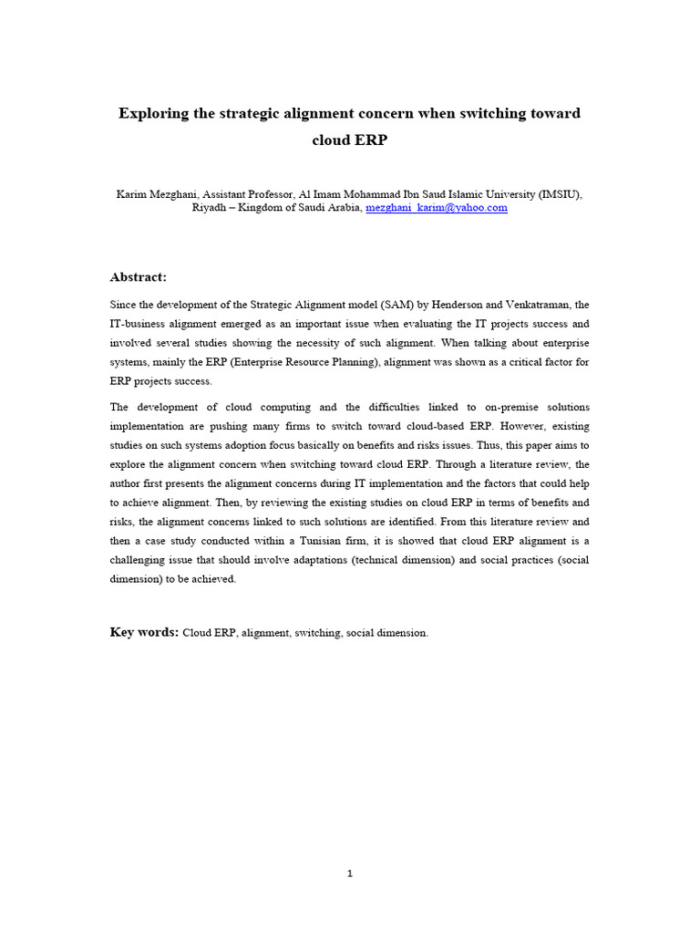 Cloud ERP Alignment_IBIMA Final | PDF | Enterprise Resource Planning ...