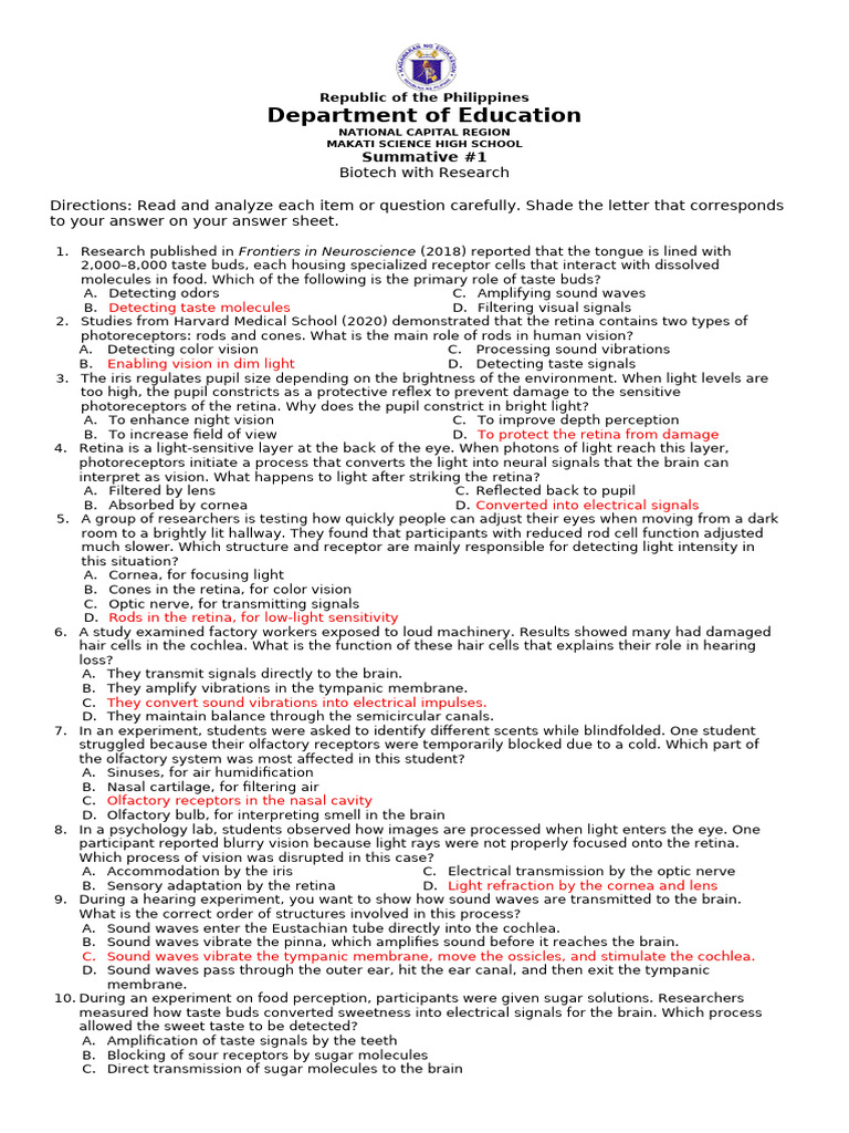 Summative 1 Answer Key | PDF | Somatosensory System | Taste