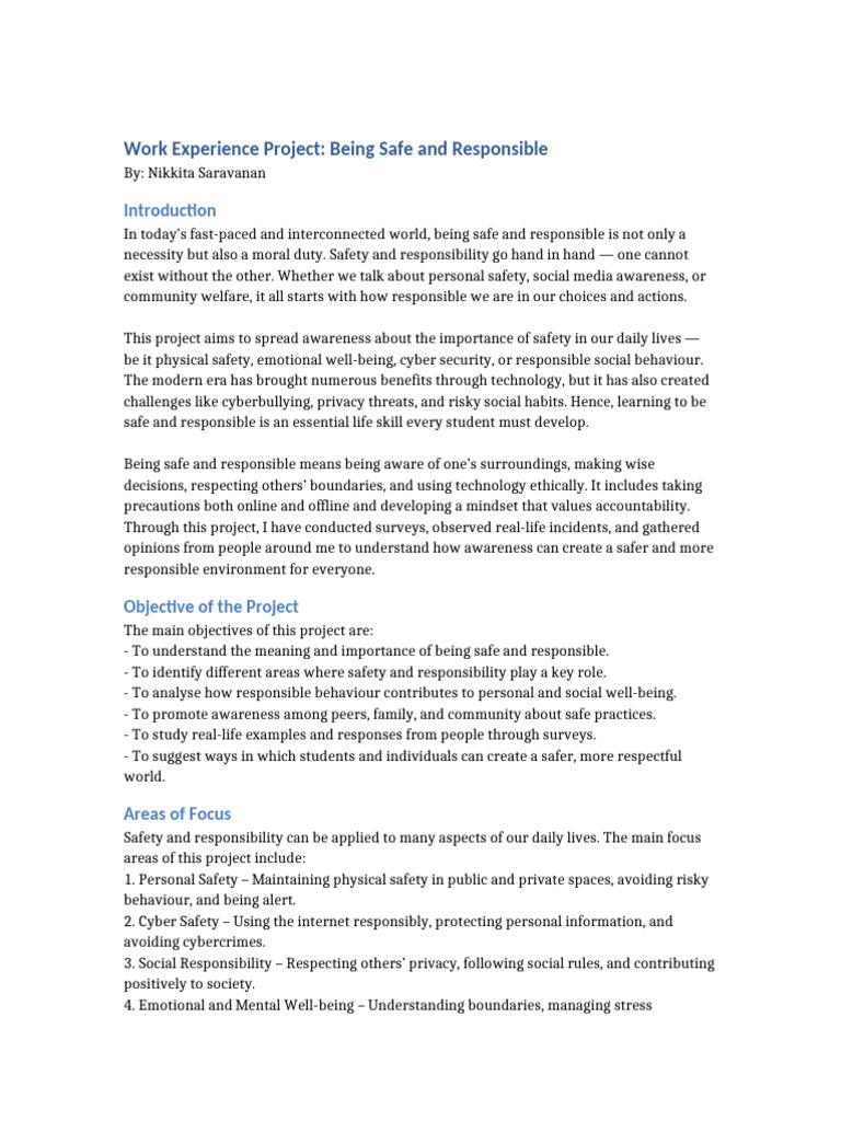 Work Experience Project Being Safe and Responsible Nikkita | PDF ...