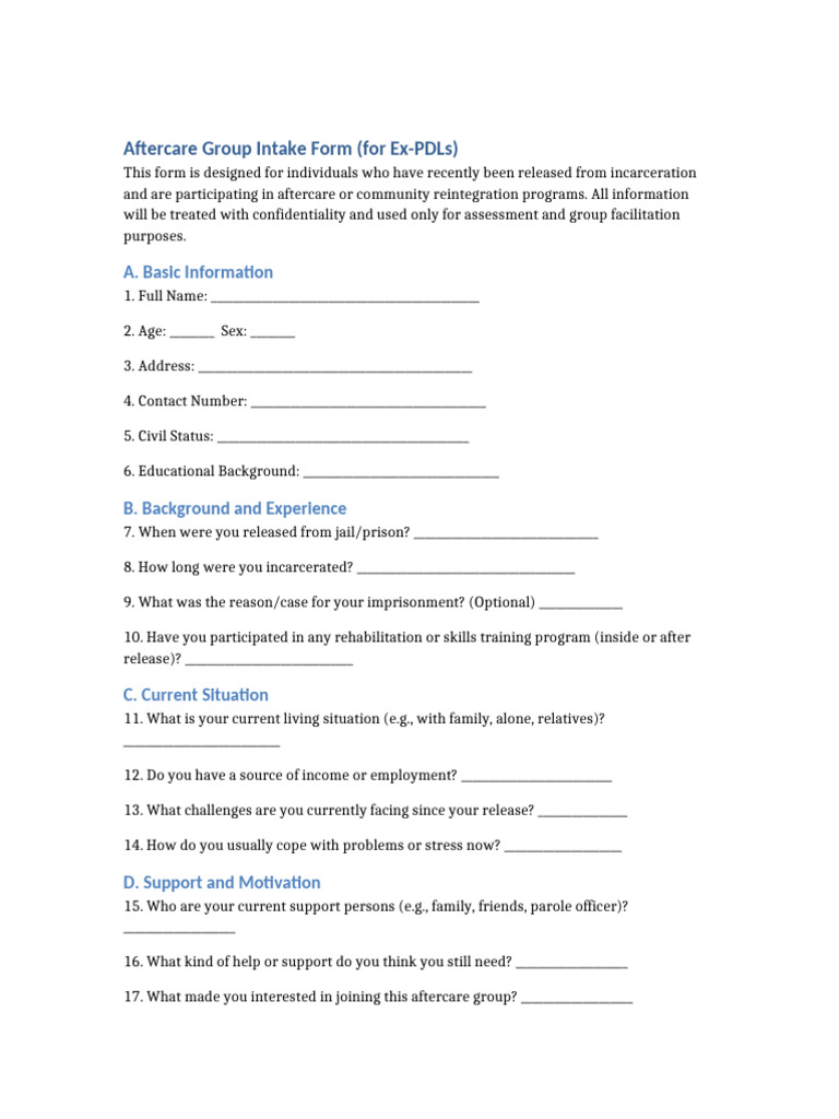 Aftercare Intake Form for Ex-Inmates | PDF