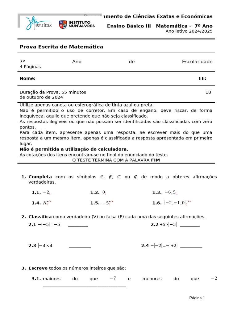 Prova de Matemática 7º Ano: Números Inteiros | PDF | Matemática