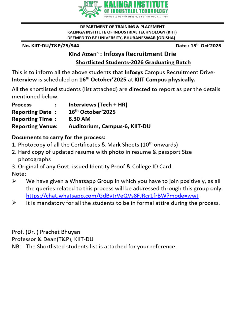 Infosys Recruitment Drive for KIIT Students | PDF