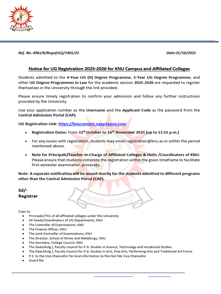 KNU UG Registration Notice 2025-2026 | PDF