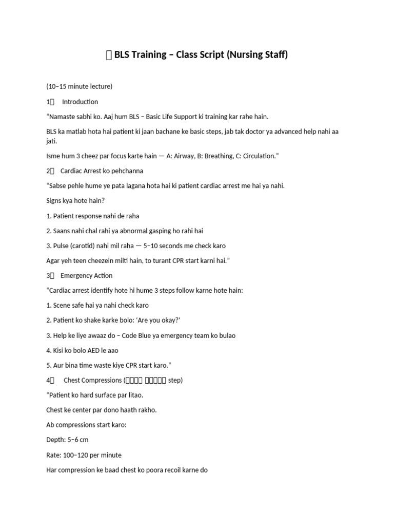 BLS Training Script for Nursing Staff | PDF | Cardiopulmonary ...