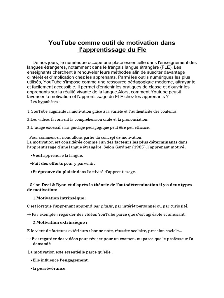 YouTube : Motivation pour apprendre le FLE | PDF | Motivation | Motivant