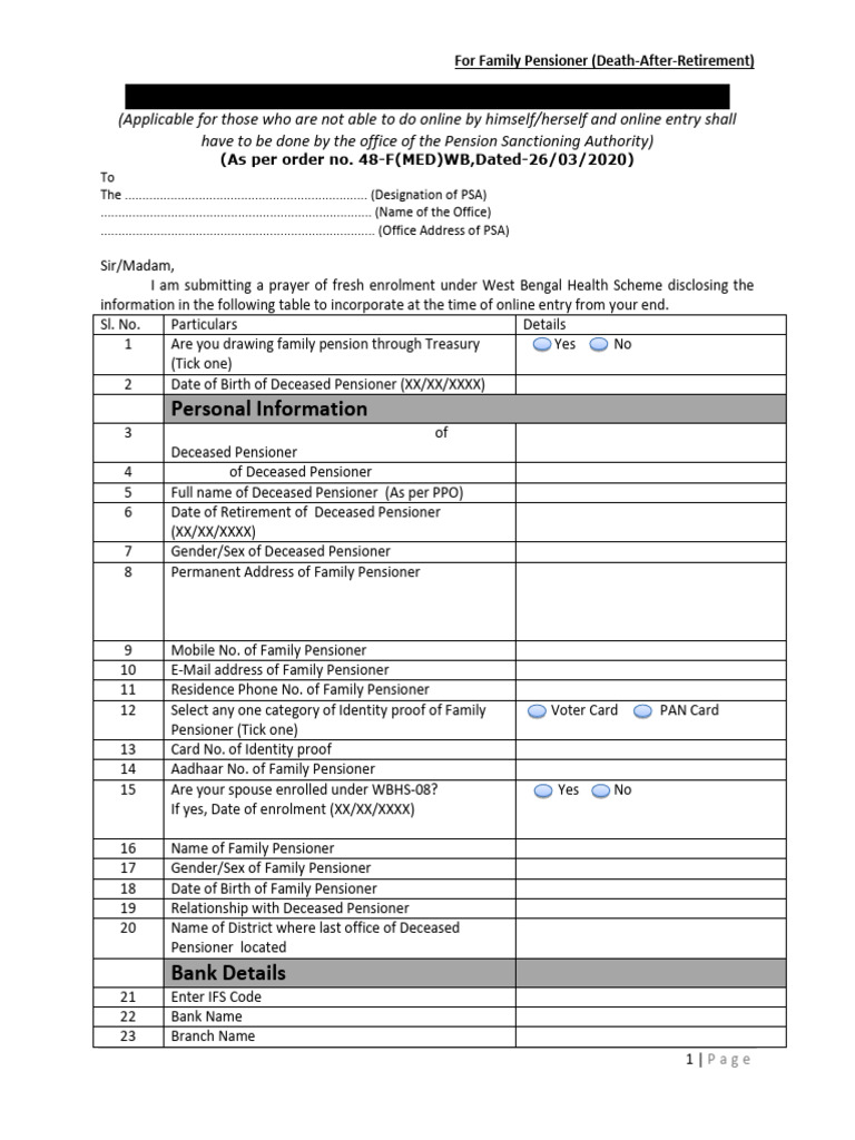West Bengal Health Scheme Enrollment Form | PDF