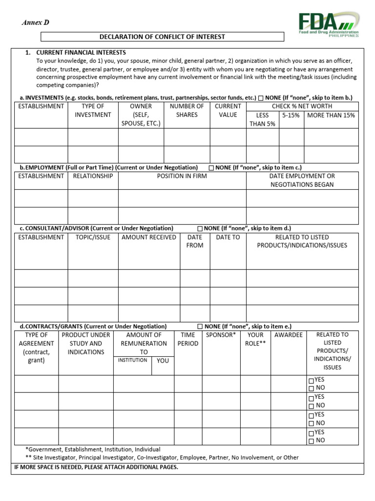 FDA 20coi 20form | PDF | Employment | Food And Drug Administration