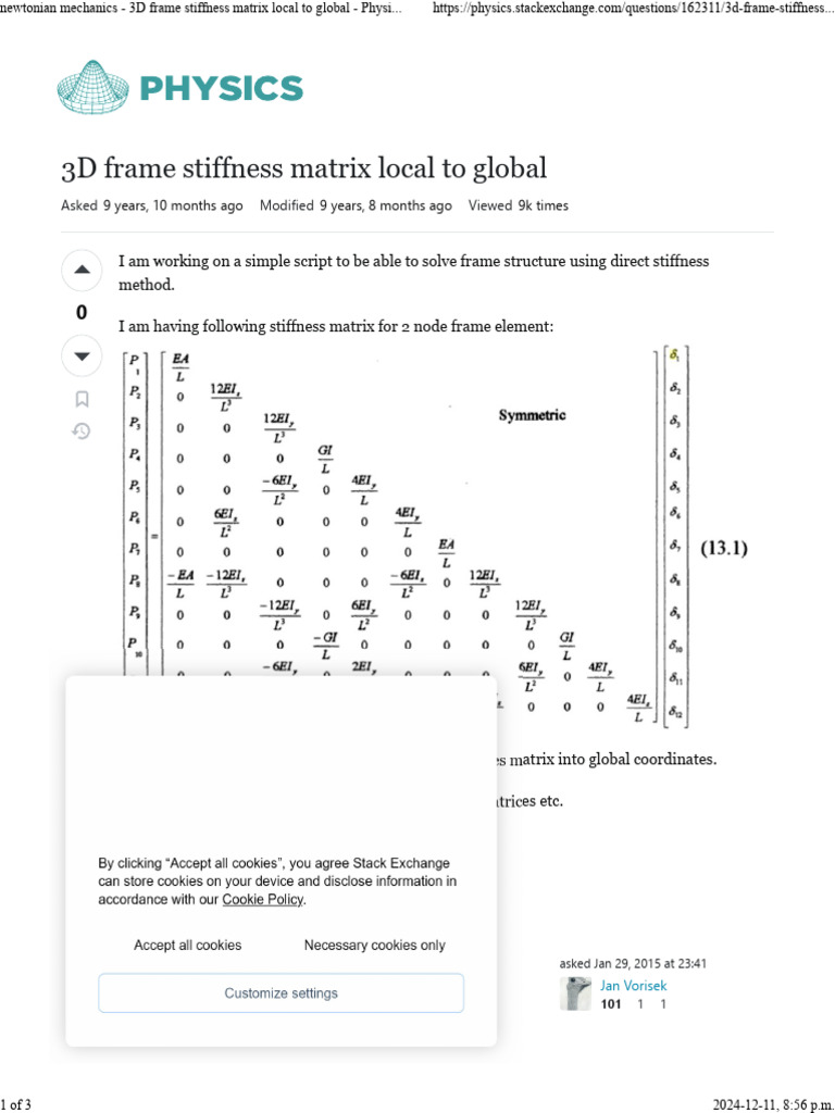 3D Frame Stiffness Matrix Local To Global: 9 Years, 10 Months Ago 9 ...