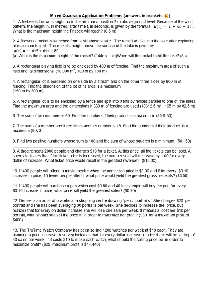 Day 8-11 Quadratic Application Worksheet | PDF | Prices | Profit ...