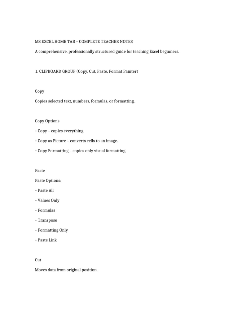 Excel Home Tab Teaching Guide | PDF