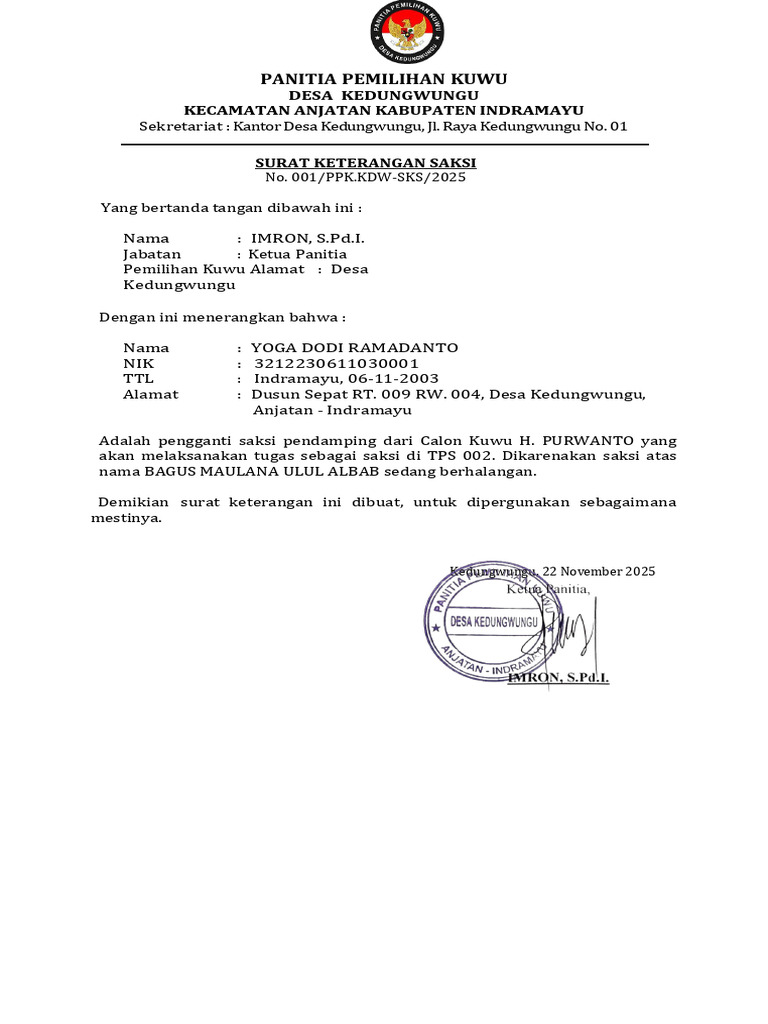 Surat Keterangan Saksi Pemilihan Kuwu | PDF