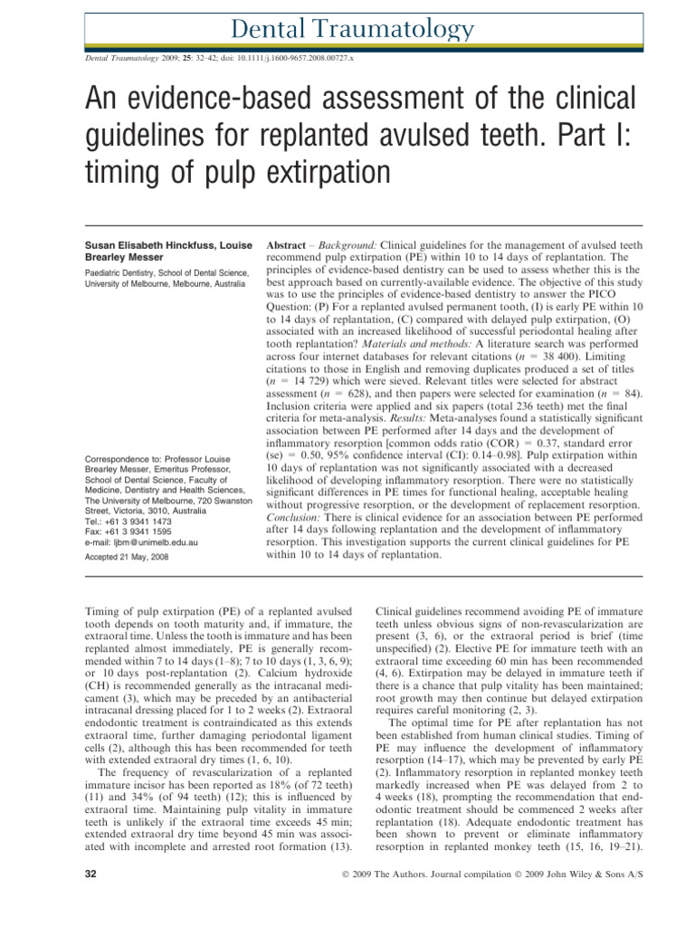 Pulp Extirpation Timing for Avulsed Teeth | PDF | Human Tooth ...