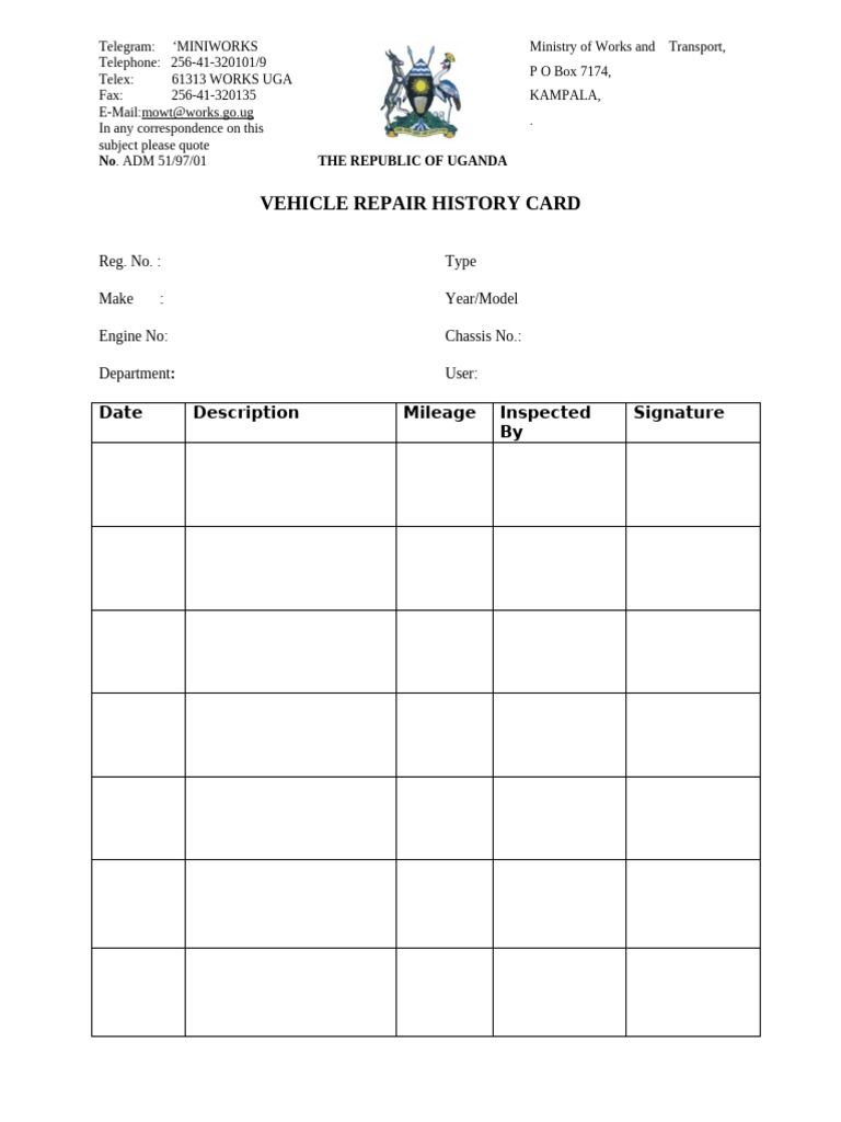 Vehicle Repair History Card | PDF