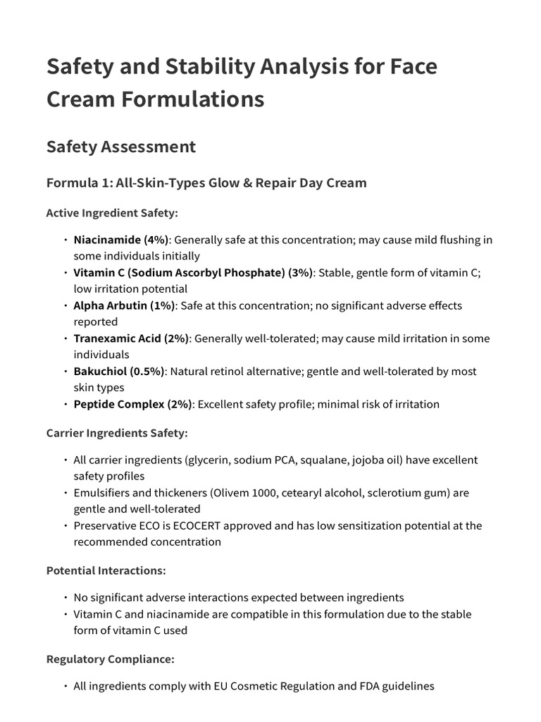 Face Cream Formulation Safety Analysis | PDF | Cosmetics | Shelf Life