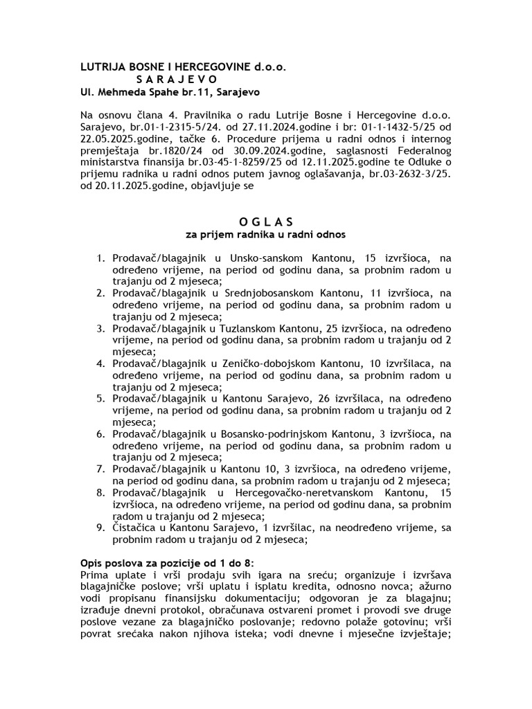 Oglas Za Prijem Radnika U Radni Odnos 21.11.2025 | PDF