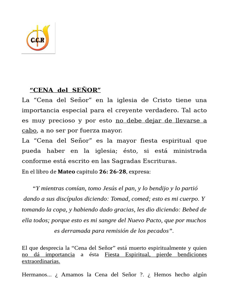 CENA Del SEÑOR | PDF | eucaristía | Cristo (título)