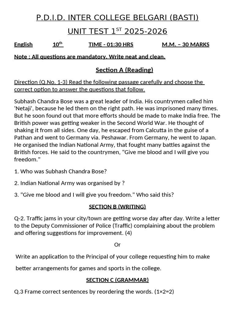 1oth English Ut 1st | PDF