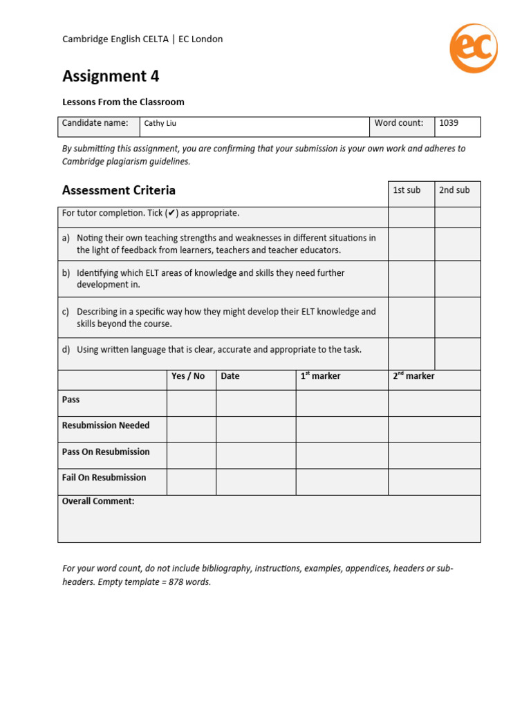 CELTA Assignment 4: Classroom Insights | PDF | Second Language | Teachers