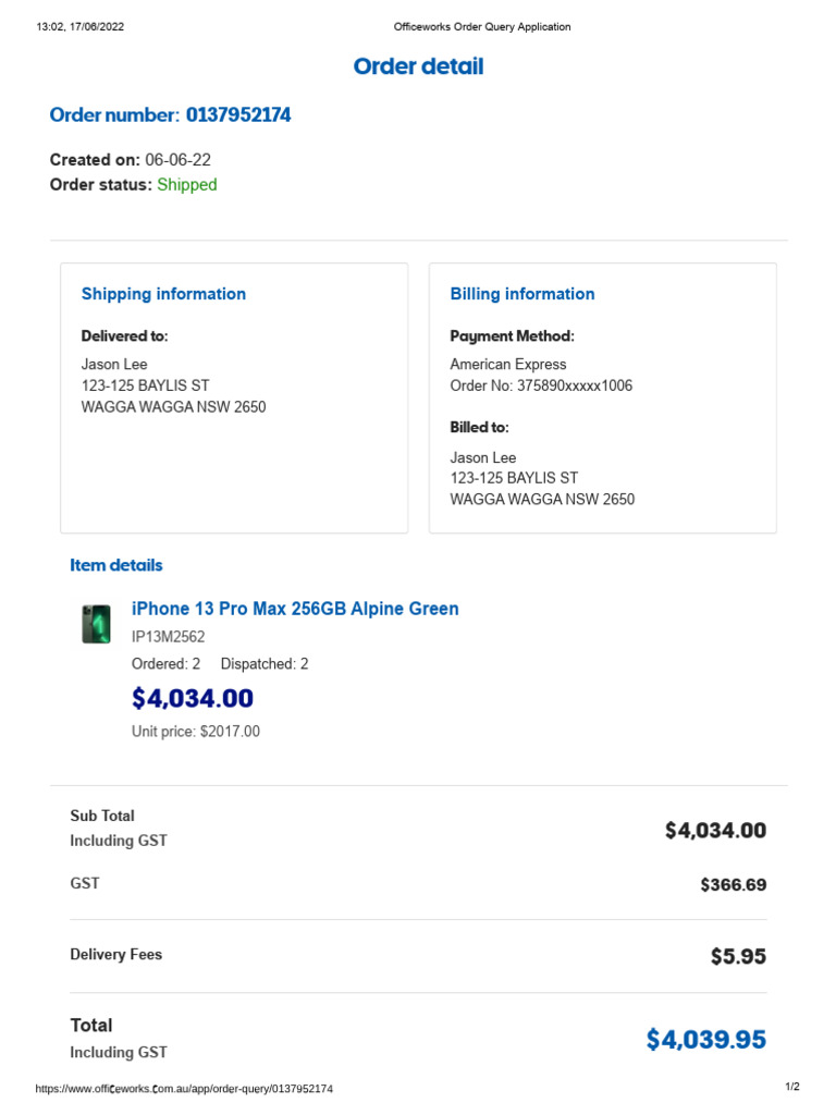 Officeworks Order Invoice - 0137952174 | PDF