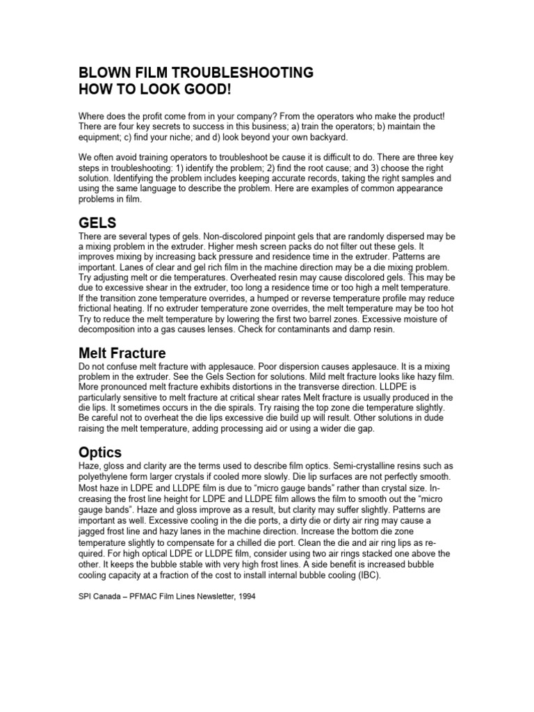 Blown Film Troubleshooting Guide | PDF | Extrusion | Frost