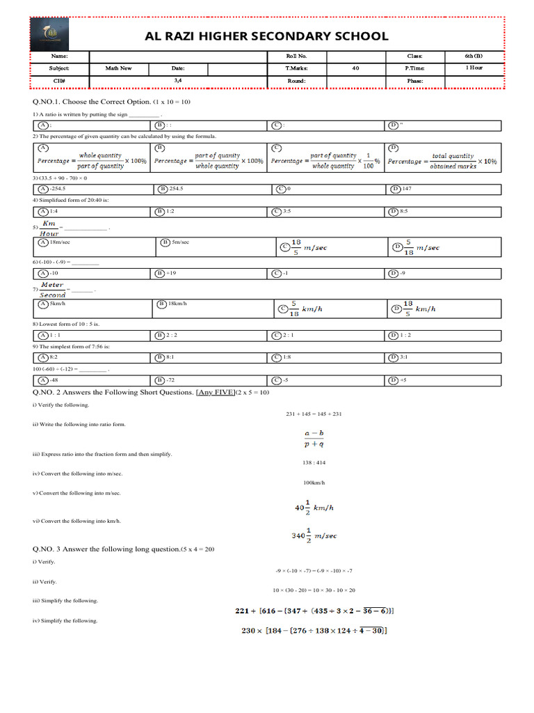 6th B Math Test | PDF | Ratio | Mathematics
