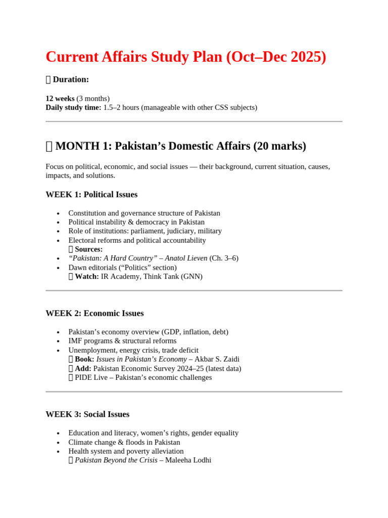 Current Affairs Study Plan for CSS 2025 | PDF | Pakistan | Organisation ...