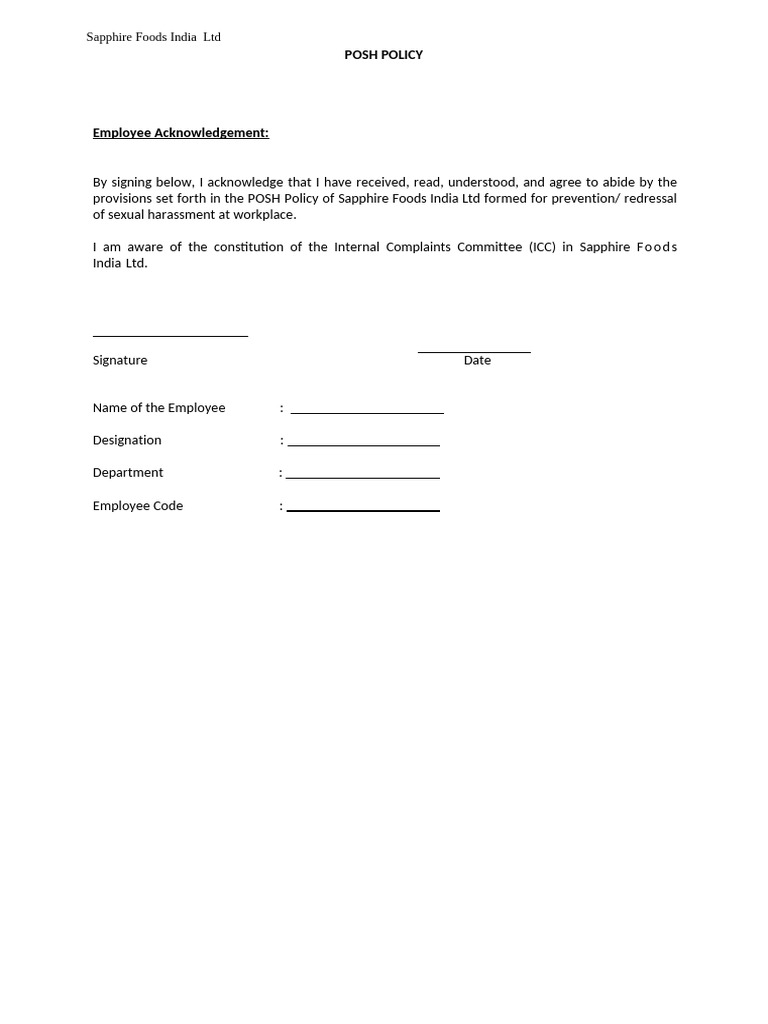 Sapphire Foods POSH Policy Acknowledgment | PDF