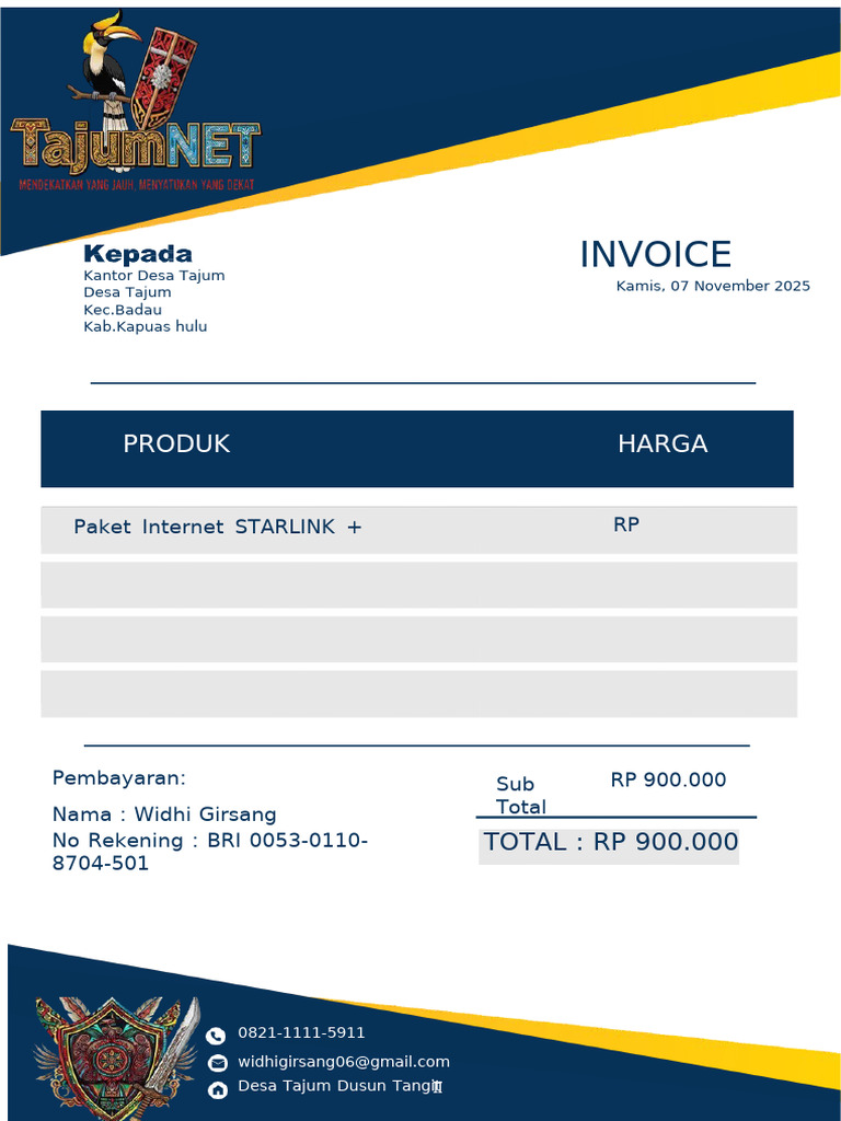 Invoice Paket Internet STARLINK Desa Tajum | PDF