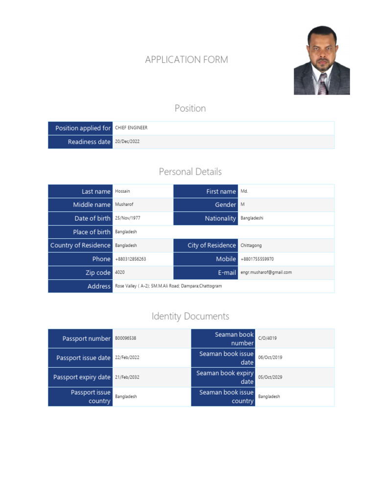 Chief Engineer Application Form | PDF | Oil Tanker | Shipping