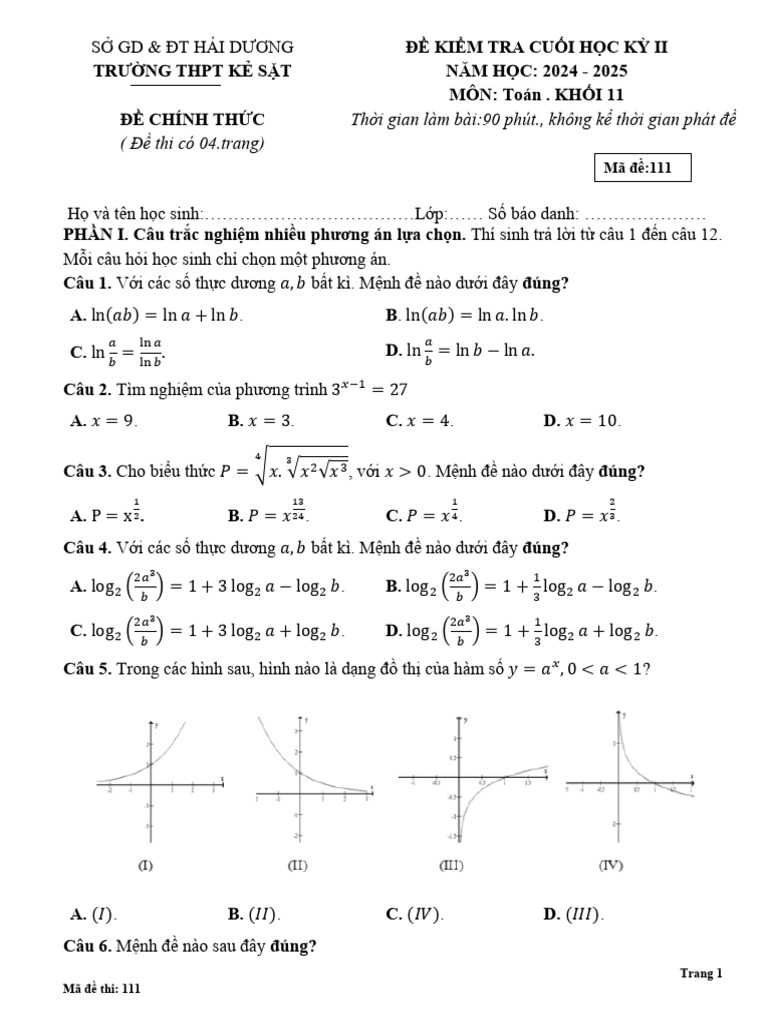 De Cuoi Hoc Ky 2 Toan 11 Nam 2024 2025 Truong THPT Ke Sat Hai Duong | PDF