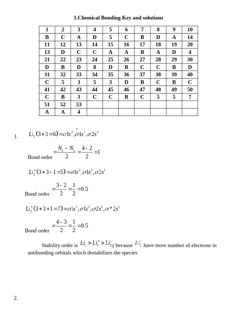1.chemical Bonding Key and Solutions | PDF | Chemical Bond | Chemical ...