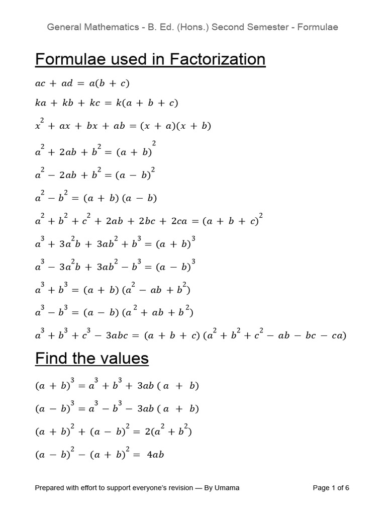 Mathematics Factorization Formulae Guide | PDF | Subtraction | Number ...