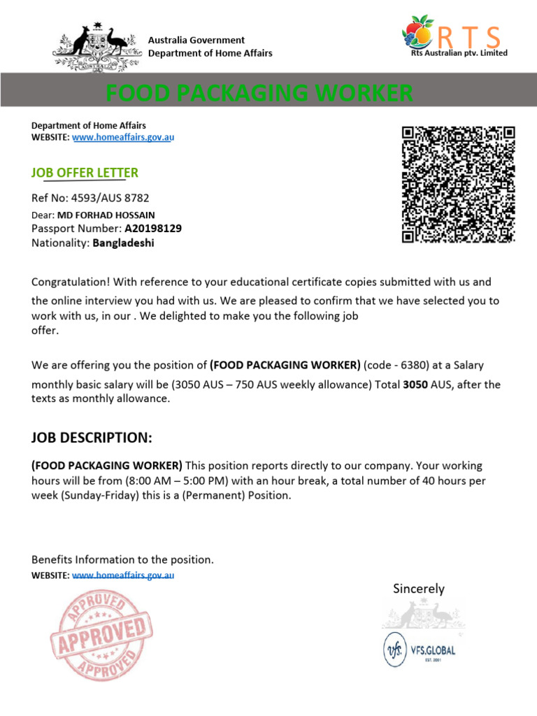 Job Offer Letter MD Forhad Hossain PDF | PDF