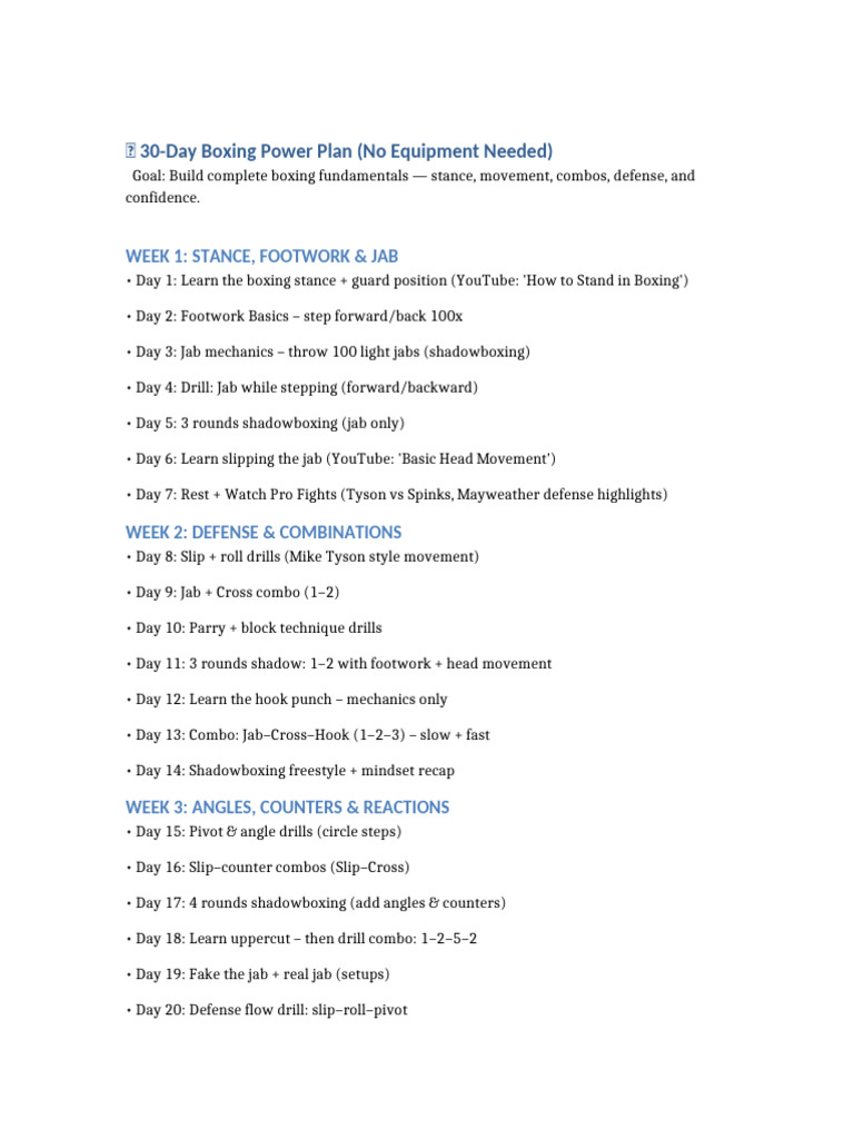 30-Day No-Equipment Boxing Plan | PDF