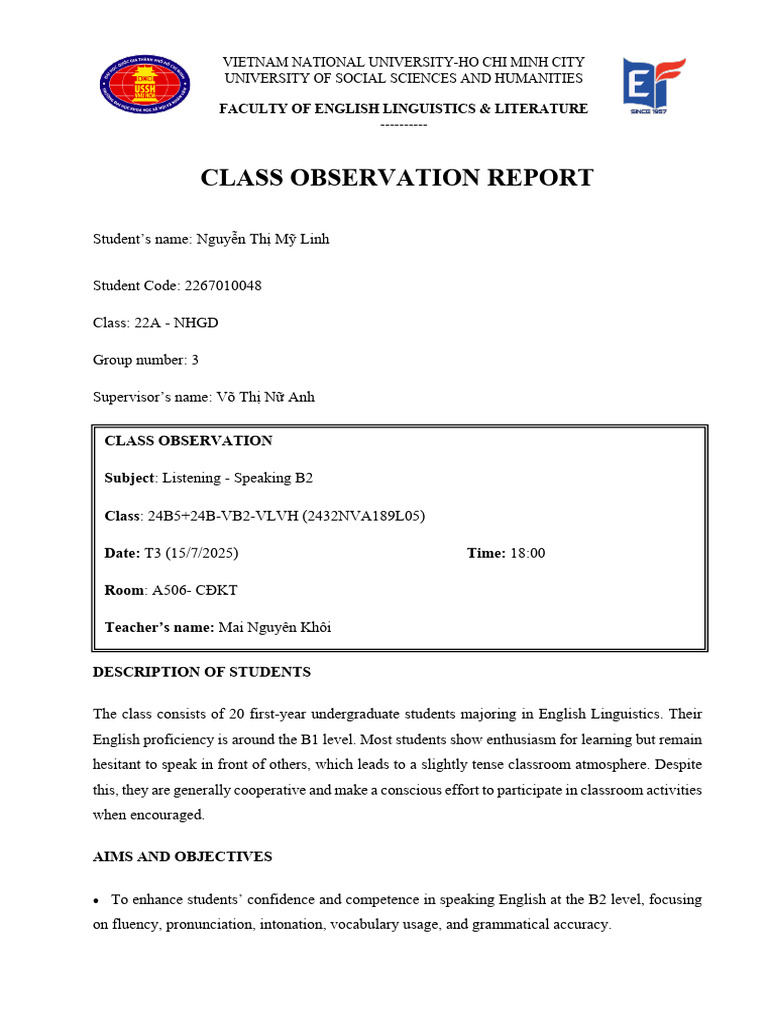 Class Observation Report: B2 English Skills | PDF | Teachers | English ...