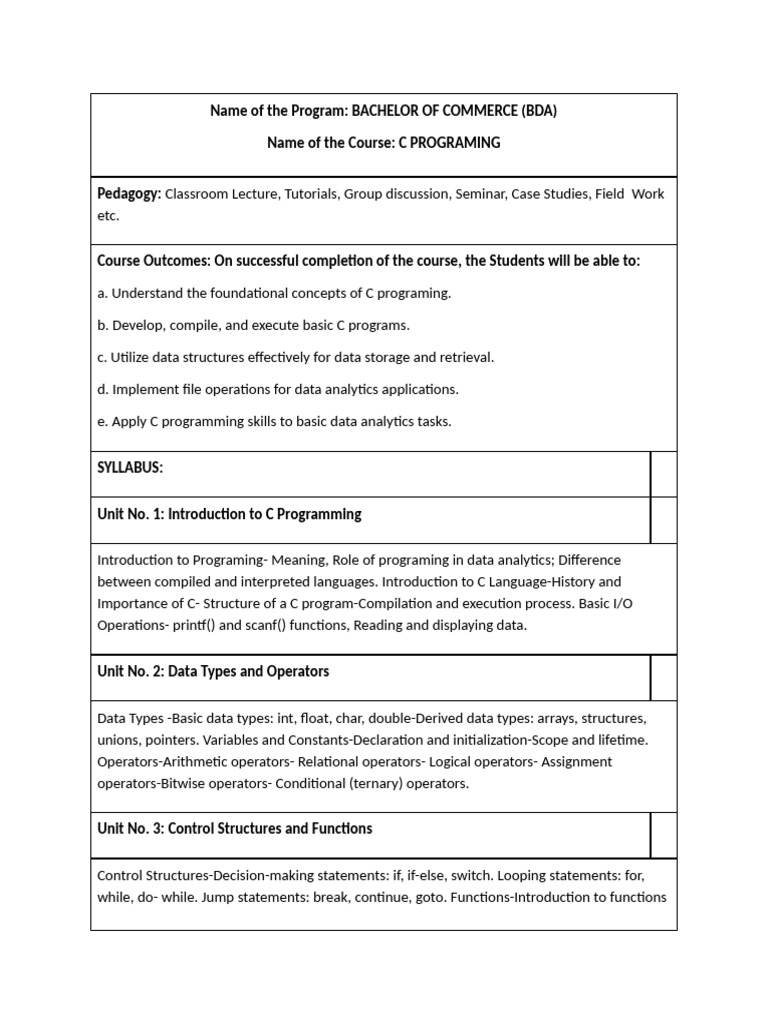 BDA & C Progmng-Tentative Syllabus | PDF | C (Programming Language ...