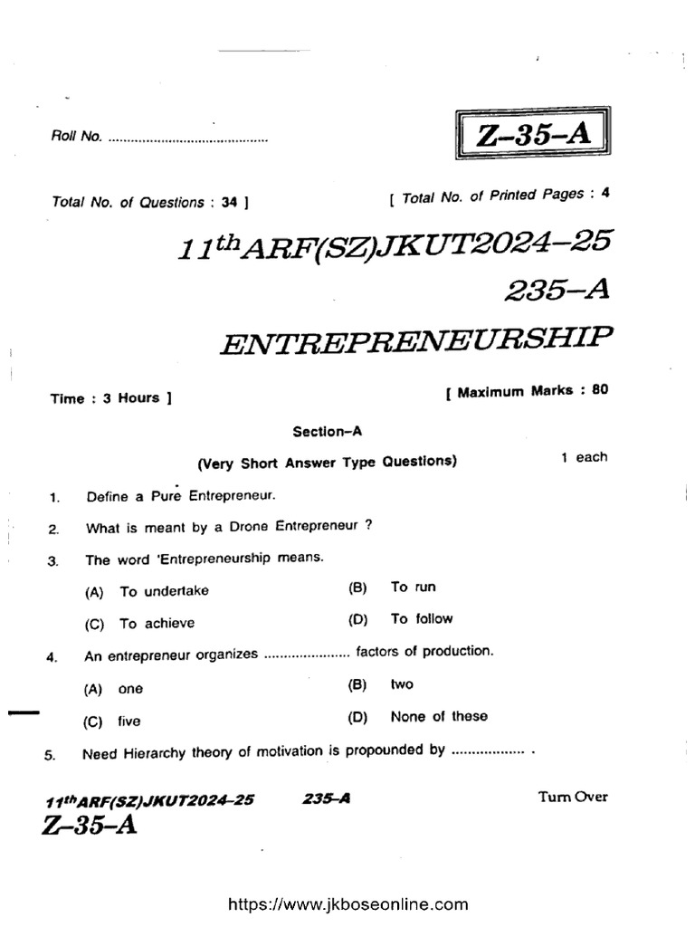 JK Bose Class 11 Entrepreneurship 235 A 2025 | PDF