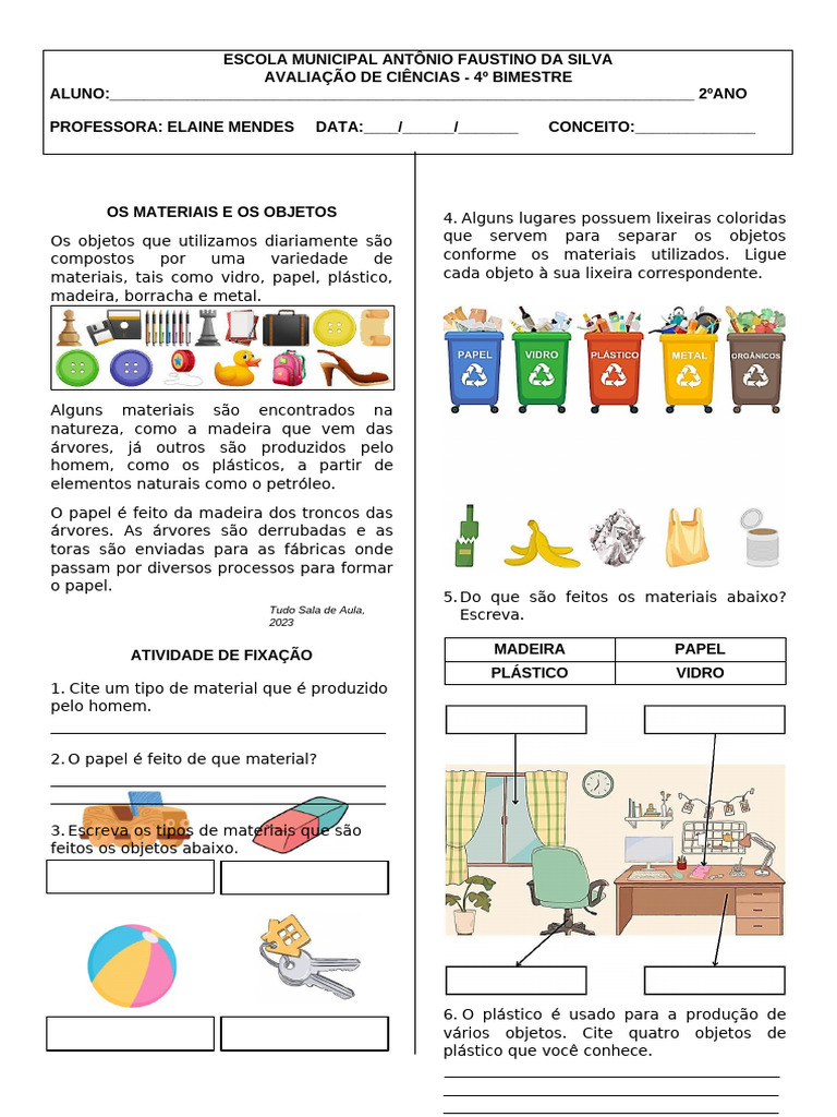 Avaliação de Ciências: Materiais e Objetos | PDF