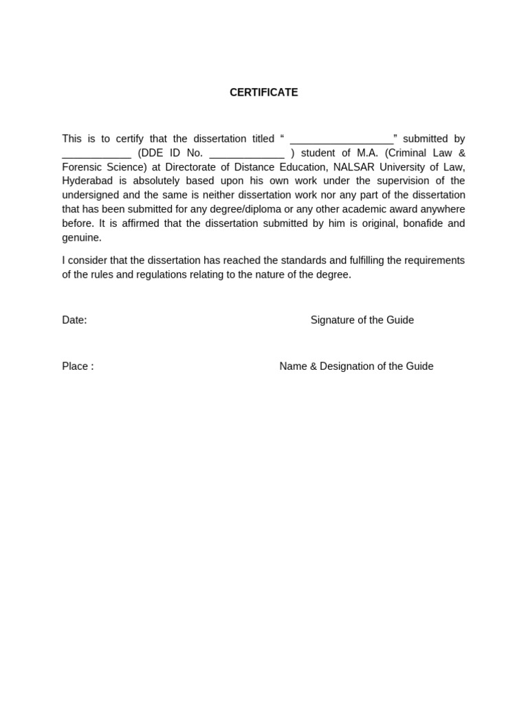 Dissertation Certificate & Declaration Model | PDF
