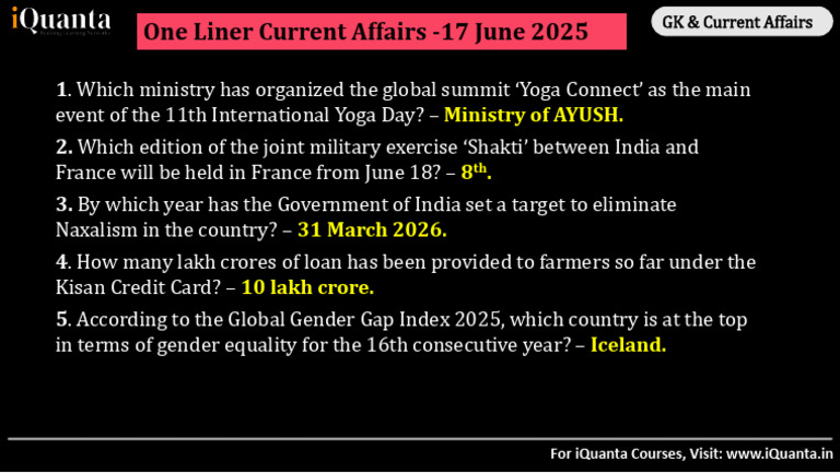 Daily One Liner Current Affairs - 17 June 2025 | PDF