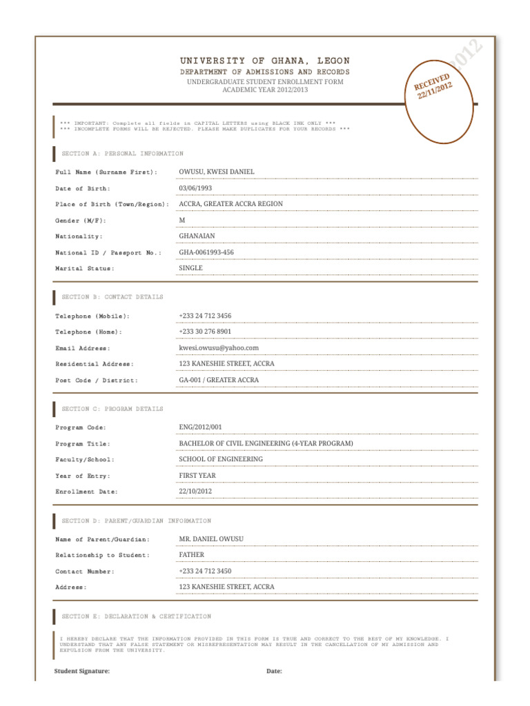 UG Enrollment Form 2012/2013 | PDF