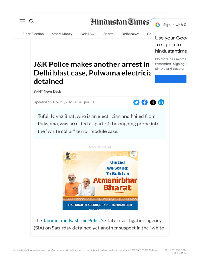 J&K Police Makes Another Arrest in Delhi Blast Case, Pulwama ...