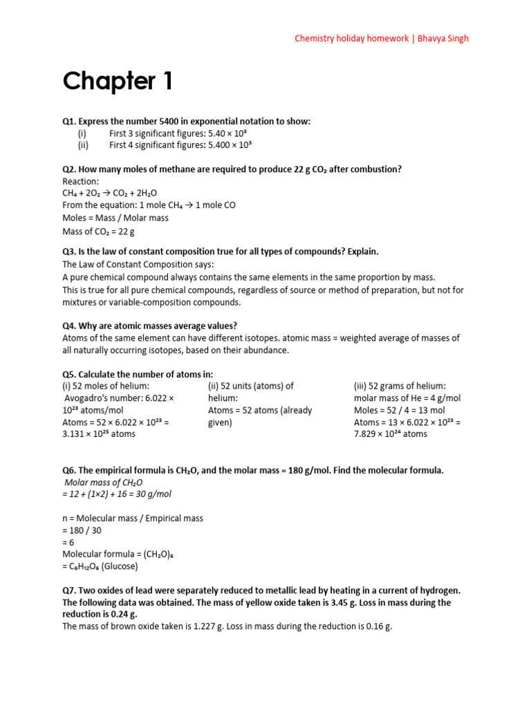 Chapter 1 Chemistry H.H.W | PDF | Mole (Unit) | Molecules