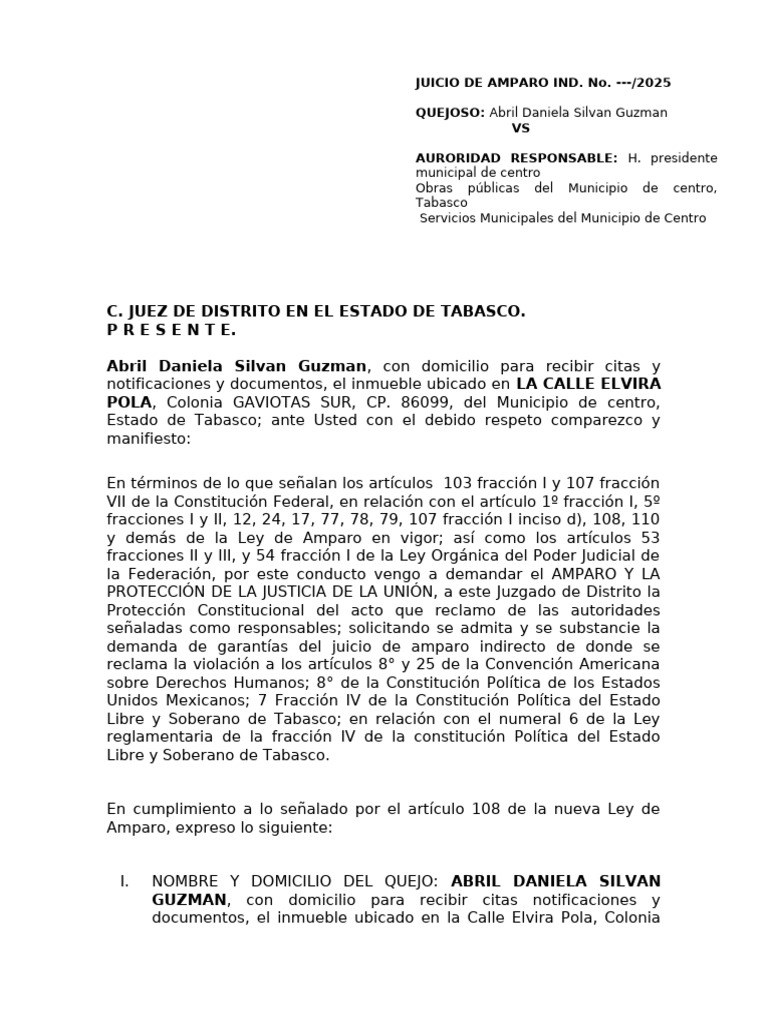 Demanda de Amparo en Tabasco 2025 | PDF | Caso de ley | Constitución