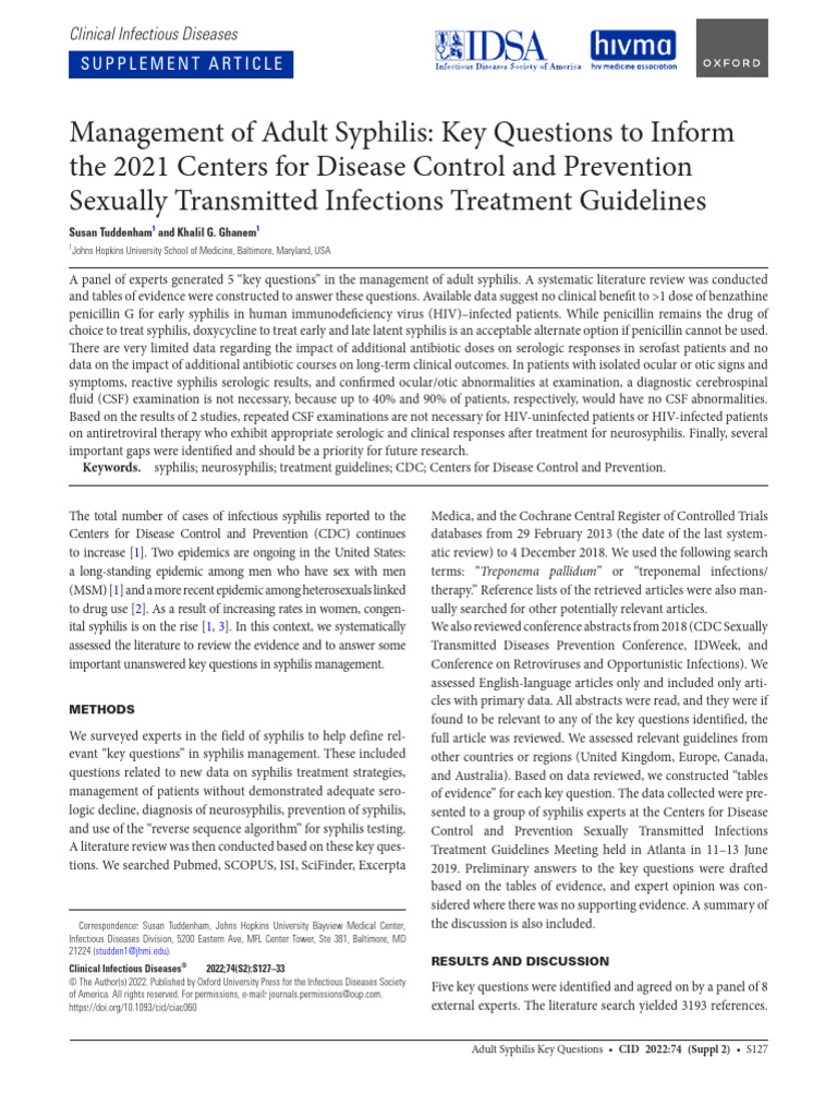 Key Questions in Adult Syphilis Management | PDF | Human Diseases And ...