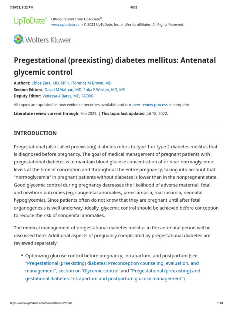 Pregestational Diabetes Mellitus Glycemic Control | PDF | Gestational ...