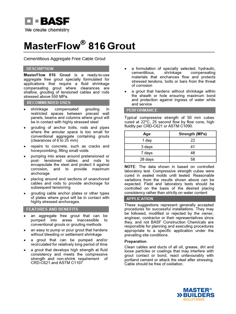 Basf Masterflow 816 Tds PDF | PDF | Concrete | Pump